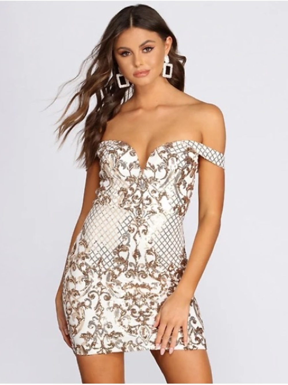 Windsor White and Gold Off-Shoulder Embellished Mini Dress